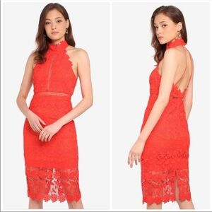 Bardot Coral-Red Lace Halter Midi Dress